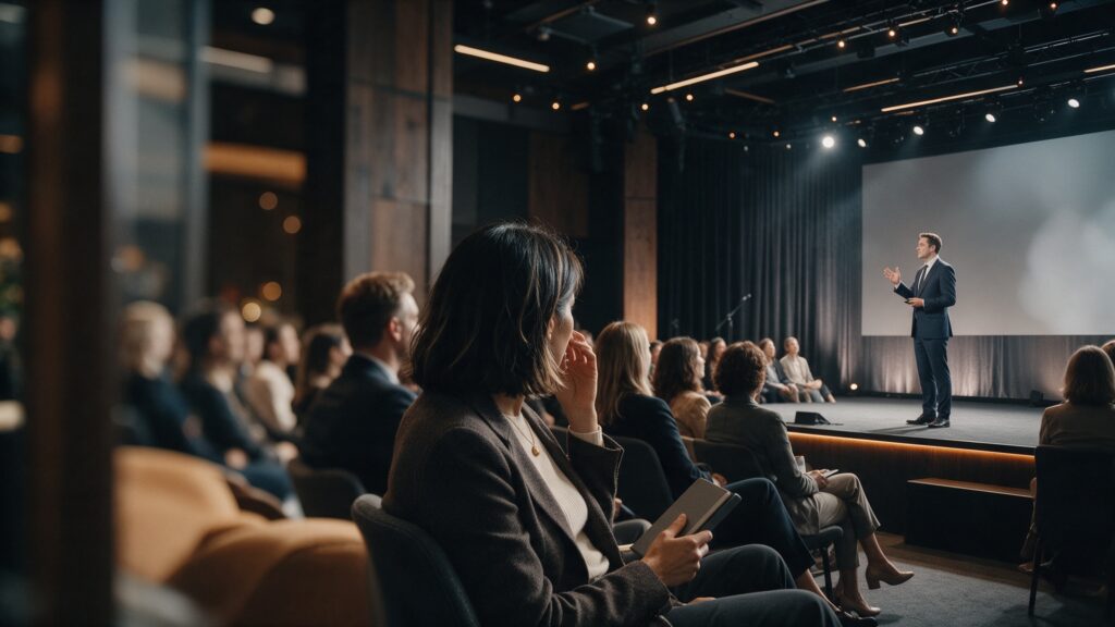 Uczestnicy konferencji słuchający prelegenta na scenie – Doctor Event