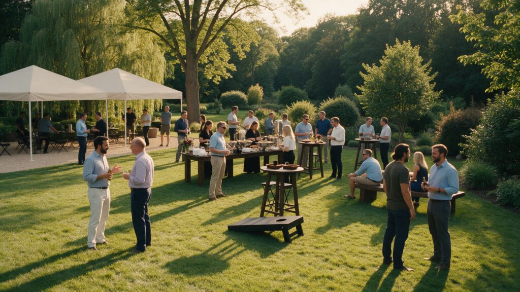 Piknik firmowy w ogrodzie ze strefą cateringu i spotkań – Doctor Event