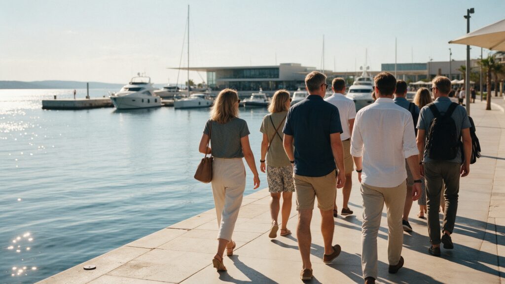 Uczestnicy wyjazdu incentive spacerujący po marinie – Doctor Event
